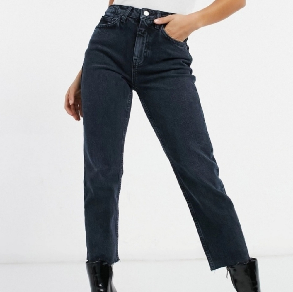 Topshop Black Hi-Rise Raw Hem Straight Leg Jean 26